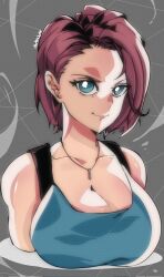  1girl blue_eyes breasts brown_hair cleavage female_focus highres jill_valentine kinakomochi_(user_vedc2333) large_breasts resident_evil resident_evil_3 short_hair solo  rating:Sensitive score:4 user:zombiespacial