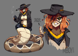  absurdres breasts cleavage cowgirl_outfit eyepatch fangs highres lamia monster_girl smoke snake_tail tail yellow_eyes  rating:Questionable score:27 user:Mboymanuel