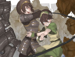  2girls armor avatar:_the_last_airbender avatar_legends belt black_hair blind blue_eyes child chinese_clothes dual_persona fighting_stance grey_eyes gyehu_kim hairband image_sample metal multiple_girls aged_up rock smile the_legend_of_korra time_paradox toph_bei_fong wire  rating:Sensitive score:95 user:danbooru