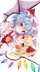  2girls absurdres ascot blonde_hair blue_hair crystal flandre_scarlet hat highres looking_at_viewer miy@ mob_cap multiple_girls open_mouth pink_hat pointy_ears red_eyes remilia_scarlet short_hair short_sleeves siblings simple_background sisters smile touhou upper_body white_background white_hat wings wrist_cuffs yellow_ascot 