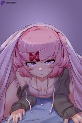  1girl absurdres black_jacket collarbone commentary doki_doki_literature_club downblouse drawstring english_commentary girl_on_top hair_ornament hair_ribbon hairclip heart heart-shaped_pupils heart_necklace highres indoors jacket jewelry long_sleeves looking_at_viewer natsuki_(doki_doki_literature_club) necklace off_shoulder parted_lips pink_eyes pink_hair pov raion_(raionart) red_ribbon ribbon short_hair short_shorts shorts sleeves_past_wrists solo_focus straddling swept_bangs symbol-shaped_pupils two_side_up under_covers 