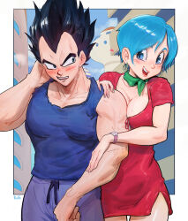  1boy 1girl artist_name black_hair blue_eyes blue_hair blue_tank_top blush border breast_press breasts bulma cleavage commentary couple dragon_ball dress earrings english_commentary green_hair green_neckerchief hand_on_another&#039;s_arm hetero highres husband_and_wife jewelry large_breasts lipstick looking_at_another makeup muscular muscular_male neckerchief open_mouth pants red_dress rollo_(kuyuen1) shirt short_dress short_hair smile sweat tank_top teeth vegeta widow&#039;s_peak 
