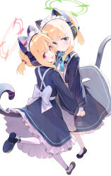  2girls absurdres animal_ear_headphones animal_ears apron black_dress black_footwear blonde_hair blue_archive blush cat_tail closed_mouth dress fake_animal_ears frilled_apron frilled_dress frills green_eyes green_halo halo headphones highres long_sleeves looking_at_viewer maid maid_apron maid_headdress midori_(blue_archive) midori_(maid)_(blue_archive) momoi_(blue_archive) momoi_(maid)_(blue_archive) multiple_girls official_alternate_costume open_mouth pantyhose pink_halo puffy_long_sleeves puffy_sleeves red_eyes shoes short_hair siblings simple_background sisters smile tail twins white_apron white_background white_pantyhose yamada_auto 