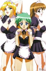  00s 3girls :d absurdres blonde_hair blue_eyes breasts brown_eyes brown_hair cleavage glasses green_eyes green_hair happy highres kakio_hazuki kuribayashi_yayoi large_breasts long_hair looking_at_viewer maid momozono_mei mouse_(anime) multiple_girls open_mouth short_hair smile tagme 