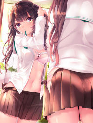1girl blush bra breasts brown_hair brown_skirt cowboy_shot day hair_ornament hairclip haruka_natsuki highres holding holding_own_hair indoors miniskirt mirror mouth_hold multicolored_eyes navel open_clothes open_fly open_shirt original panties pink_bra pink_panties pleated_skirt purple_eyes reflection ribbon ribbon_in_mouth school_uniform shirt sidelocks skirt small_breasts stomach twintails tying_hair underwear white_shirt yellow_eyes rating:Sensitive score:21 user:danbooru