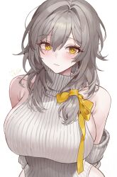  1girl absurdres alternate_costume bare_shoulders blush breasts closed_mouth commentary eyelashes grey_hair grey_sweater hair_between_eyes highres honkai:_star_rail honkai_(series) large_breasts leotard_sweater long_eyelashes long_hair looking_at_viewer medium_hair mell_(dmwe3537) sideboob signature simple_background sleeveless sleeveless_sweater solo stelle_(honkai:_star_rail) sweater trailblazer_(honkai:_star_rail) turtleneck turtleneck_sweater upper_body white_background yellow_eyes 