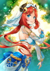  1girl absurdres backlighting blue_bow blue_eyes bow breasts commentary_request day genshin_impact highres horns horns_through_headwear long_hair long_sleeves low_twintails medium_breasts navel nilou_(genshin_impact) outdoors parted_bangs parted_lips puffy_long_sleeves puffy_sleeves red_hair see-through see-through_sleeves shitou_(1992116210) smile solo sunlight twintails veil very_long_hair 