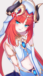  1girl anger_vein blue_eyes blue_gemstone blue_veil breasts brooch circlet ewaaawa gem genshin_impact gold_trim harem_outfit highres jewelry long_hair long_sleeves medium_breasts navel neck_ring nilou_(genshin_impact) puffy_long_sleeves puffy_sleeves red_hair sidelocks simple_background solo twintails upper_body veil white_background white_veil 