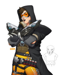  1boy 1girl belt black_gloves black_hood bodysuit boxers breikka chibi chibi_inset commentary cosplay crossed_arms dual_wielding english_commentary explosive finger_on_trigger gloves goggles grenade gun handgun holding hood hooded_jacket jacket male_underwear open_mouth orange-tinted_eyewear orange_bodysuit overwatch overwatch_2 reaper_(overwatch) reaper_(overwatch)_(cosplay) short_hair skull solo_focus spikes tinted_eyewear tracer_(overwatch) underwear vambraces weapon 