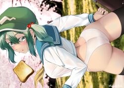  1girl absurdres ass bag black_thighhighs blue_eyes blue_hair blush bread bread_slice breasts butter cherry_blossoms cowboy_shot flat_cap food food_in_mouth green_hat hair_bobbles hair_ornament hat highres holding holding_bag kagiyama_shachou kawashiro_nitori large_breasts looking_at_viewer looking_back medium_hair mouth_hold neckerchief no_pants paid_reward panties parted_lips school_bag school_uniform serafuku short_sleeves sidelocks sideways solo thighhighs toast toast_in_mouth touhou tree two_side_up underwear white_panties yellow_neckerchief 
