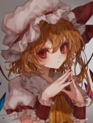  bad_id bad_twitter_id commentary_request flandre_scarlet grey_background grey_hat hair_between_eyes hat highres mob_cap ofgwr tagme touhou  rating:General score:5 user:danbooru