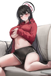  1girl absurdres alternate_costume black_hair black_shorts blue_archive blush breasts cleavage closed_mouth dolphin_shorts hair_ornament hairpin halo highres hood hood_down hoodie large_breasts lillly long_hair looking_at_viewer navel red_eyes red_hoodie rio_(blue_archive) shorts solo  rating:Sensitive score:23 user:danbooru