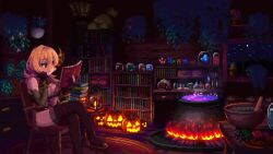  1girl animated black_gloves blonde_hair book bookshelf breasts cauldron chair closed_mouth crossed_legs desk fire gloves halloween holding holding_book jack-o&#039;-lantern lantern large_breasts looping_animation night night_sky nijisanji nui_sociere open_book pixel_art plant potion potted_plant pumpkin reading red_eyes shirokuro_(oyaji) sitting sky solo steam thighhighs video virtual_youtuber window witch 