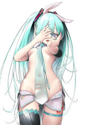 1girl adapted_costume animal_ears aqua_eyes aqua_nails bad_id bad_pixiv_id covered_navel covering_face cowboy_shot detached_collar fake_animal_ears green_hair hatsune_miku heart heart-shaped_pupils highres leg_tattoo long_hair nail_polish number_tattoo open_mouth rabbit_ears revealing_clothes rsk_(tbhono) see-through simple_background single_thighhigh solo standing symbol-shaped_pupils tattoo thigh_gap thighhighs twintails very_long_hair vocaloid white_background rating:Questionable score:56 user:danbooru