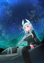  1girl aircraft airplane animal_ears breasts fighter_jet glasses head_wings heidimarie_w._schnaufer highres inu3li jet large_breasts long_hair military military_uniform military_vehicle night night_sky red_eyes sky smile solo strike_witches thighhighs uniform white_hair wings world_witches_series 