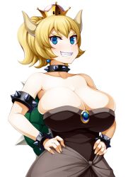  1girl armlet bare_shoulders blonde_hair blue_eyes blush bowsette bracelet breasts bursting_breasts cleavage collar crown earrings eyebrows fingernails grin hands_on_own_hips horns huge_breasts jewelry light_blush looking_at_viewer mario_(series) monster_girl new_super_mario_bros._u_deluxe nintendo no_bra parted_lips ponytail sharp_fingernails sharp_teeth shell short_hair simple_background smile solo spiked_armlet spiked_bracelet spiked_collar spiked_shell spikes standing strapless super_crown teeth thick_eyebrows torigoe_takumi tsurime white_background 