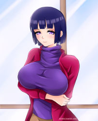 1girl aged_up black_hair blush breast_hold breasts casual crossed_arms evil-dei female_focus gradient_background highres hyuuga_hinata large_breasts mature_female naruto naruto_(series) purple_eyes short_hair solo turtleneck rating:Sensitive score:37 user:danbooru