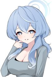  1girl ako_(blue_archive) bagjeomlye88315 blue_archive blue_eyes blue_hair breasts cleavage dongtan_dress dress grey_dress hair_between_eyes highres large_breasts long_hair long_sleeves looking_at_viewer meme_attire open_mouth simple_background smile solo upper_body white_background 