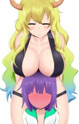 10s 1boy 1girl ^_^ age_difference artist_request baseball_cap blonde_hair blush breast_rest breasts breasts_on_head child closed_eyes closed_mouth collarbone confused dragon_horns embarrassed faceless faceless_male full-face_blush gradient_hair green_hair hat height_difference highres horns huge_breasts kobayashi-san_chi_no_maidragon large_breasts leaning_forward long_hair lucoa_(maidragon) magatsuchi_shouta multicolored_hair onee-shota pink_headwear slingshot_swimsuit smile swimsuit tank_top wavy_hair rating:Sensitive score:42 user:danbooru