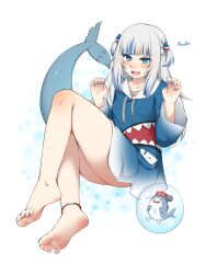 1girl barefoot blue_hair blue_nails blush feet gawr_gura hololive lululewd open_mouth solo tail toes