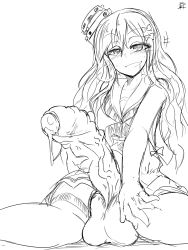  1futa bottomless bow drooling erection foreskin futanari hair_ornament hand_on_knee hat highres large_penis large_testicles long_hair looking_at_viewer monochrome nonokisuke penis penis_grab phimosis precum sitting sketch smile solo testicles third-party_edit uncensored veins veiny_penis vest wavy_hair  rating:Explicit score:20 user:scorpi032