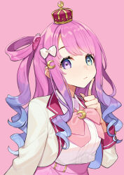  1girl alternate_costume bow bowtie center_frills crown finger_to_cheek food-themed_hair_ornament frilled_shirt frills gradient_hair green_eyes hair_ornament hair_rings heterochromia high-waist_skirt highres himemori_luna hololive jacket jewelry long_hair looking_at_viewer mini_crown multicolored_hair one_side_up pink_background pink_hair pointing pointing_at_self princess purple_eyes purple_hair shirt single_hair_ring skirt sleeve_cuffs solo upper_body virtual_youtuber wavy_hair yuu_(higashi_no_penguin) 