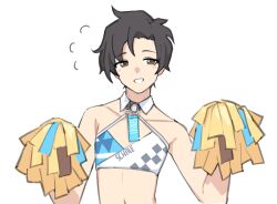  1boy black_hair blue_archive blue_archive_the_animation brown_eyes cheerleader collar cosplay crossdressing detached_collar grin hibiki_(blue_archive) hibiki_(blue_archive)_(cosplay) hibiki_(cheer_squad)_(blue_archive) highres holding holding_pom_poms looking_at_viewer lyrinne male_focus medium_bangs pom_pom_(cheerleading) pom_poms sensei_(blue_archive) sensei_(blue_archive_the_animation) short_hair simple_background smile solo strapless tube_top upper_body white_background white_collar white_tube_top 