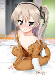 10s 1girl animal_costume bandages bed bed_sheet black_ribbon blush breasts brown_eyes brown_hair closed_mouth collarbone cosplay full_body girls_und_panzer grey_eyes hair_ornament hair_ribbon hairband highres indoors kigurumi loli long_hair looking_at_viewer naked_costume nipple_slip nipples off_shoulder on_bed open_clothes revision ribbon shiina_excel shimada_arisu sitting small_breasts smile solo stuffed_animal stuffed_toy teddy_bear undressing white_hair rating:Explicit score:33 user:tanaab1234567890