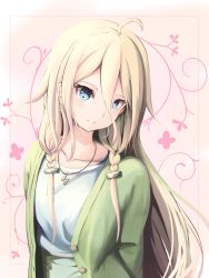  1girl absurdres blue_eyes dress green_dress haiyuki_yuki highres ia_(vocaloid) jewelry long_hair necklace pink_background vocaloid  rating:General score:3 user:VocaloidLover