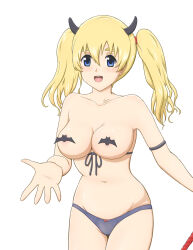  1girl alternate_hairstyle areola_slip blonde_hair blue_eyes blue_panties blush bow bow_panties breasts costume halloween halloween_costume highres horns k-on! korokorokoro kotobuki_tsumugi large_breasts long_hair looking_at_viewer open_mouth panties pasties pitchfork red_bow simple_background smile solo standing twintails underwear white_background 