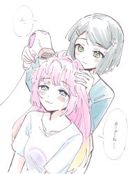  2girls :3 ahoge anyoji_hime blonde_hair blue_eyes blunt_bangs blunt_ends blush closed_mouth collarbone commentary drying drying_hair flower gradient_hair green_hair green_shirt hair_dryer hair_flower hair_ornament hairclip hand_on_another&#039;s_head highres holding holding_hair_dryer link!_like!_love_live! long_hair loungewear love_live! momose_ginko multicolored_hair multiple_girls official_alternate_costume official_alternate_hairstyle pale_color pink_hair shirt short_hair sidelocks simple_background smile swept_bangs translation_request virtual_youtuber white_background white_shirt zangemiya 