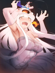  1boy 1girl absurdres at2. bare_shoulders breasts cleavage crying dress fishing_rod ghast giant giantess gloves hat highres medium_breasts minecraft steve_(minecraft) white_dress white_hair 