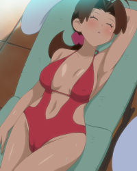 1girl :d ahoge arm_at_side arm_behind_head arm_up armpits artistic_error blush breasts breasts_apart brown_hair cameltoe casual_one-piece_swimsuit center_opening chair closed_eyes clothing_cutout covered_erect_nipples cowboy_shot creatures_(company) day delia_ketchum dutch_angle flipped_hair from_above game_freak groin hair_ornament hair_scrunchie halterneck higher_resolution_available hip_focus large_breasts leaning_back legs_together long_hair lounge_chair low_ponytail lying makino_tomoyasu mature_female navel navel_cutout nintendo on_back one-piece_swimsuit open_mouth outdoors parted_lips pokemon pokemon_(anime) pokemon_sm_(anime) ponytail red_one-piece_swimsuit scrunchie shade side_cutout sideboob sleeping smile solo sweat swimsuit table thighs tile_floor tiles towel wet rating:Sensitive score:183 user:danbooru