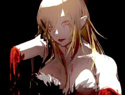  ._(kometto333) 1girl amputee bare_shoulders black_background bleeding blonde_hair blood blood_on_breasts blood_on_face bloody_tears breasts cleavage collarbone double_amputee dress highres injury kiss-shot_acerola-orion_heart-under-blade kizumonogatari long_hair looking_at_viewer missing_limb monogatari_(series) oshino_shinobu pointy_ears severed_limb simple_background solo strapless strapless_dress vampire yellow_eyes 
