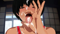  1boy architecture black_hair blush c3_piyo closed_eyes collarbone commentary_request cum cum_in_mouth cum_on_hair cum_on_hands cum_on_tongue dark-skinned_male dark_skin drooling east_asian_architecture facial fellatio fellatio_gesture hand_up highres ikezawa_kazuma implied_after_fellatio indoors male_focus open_mouth oral portrait red_tank_top saliva saliva_trail short_hair shouji sliding_doors solo summer_wars tank_top tongue tongue_out variant_set window yaoi  rating:Explicit score:69 user:danbooru