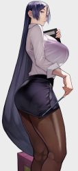 1girl absurdres alternate_costume ass backlighting black_skirt blouse bra_visible_through_clothes breasts closed_mouth collared_shirt fate_(series) from_side hair_between_eyes highres huge_breasts kneepits long_hair looking_at_viewer minamoto_no_raikou_(fate) miniskirt office_lady pantyhose parted_bangs pointer pointy_nose purple_background purple_eyes purple_hair revision see-through shiny_clothes shirt simple_background skirt solo standing teacher thighs very_long_hair white_background white_shirt yoshio_(55level) rating:Questionable score:189 user:danbooru
