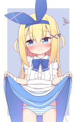  1girl alice_girl_(ayanepuna) apron ayanepuna blonde_hair blue_background blue_bow blue_dress blue_eyes blue_hairband blue_ribbon blush bow closed_mouth clothes_lift collared_dress commentary_request dress dress_lift frilled_apron frills gluteal_fold hair_between_eyes hair_ornament hair_ribbon hairband hairclip highres lifted_by_self long_hair looking_away looking_to_the_side nose_blush original panties puffy_short_sleeves puffy_sleeves ribbon short_sleeves solo squiggle striped_clothes striped_panties sweat two-tone_background two_side_up underwear very_long_hair white_apron white_background x_hair_ornament  rating:Sensitive score:16 user:danbooru