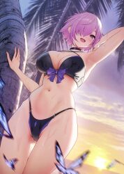  1girl alternate_costume arm_up armpits bikini black_bikini black_choker blush breasts bug butterfly choker evening fate/grand_order fate_(series) from_below highleg highleg_bikini highres insect large_breasts looking_at_viewer mash_kyrielight navel ocean one_eye_covered open_mouth outdoors purple_eyes purple_hair short_hair smile solar_(happymonk) solo stomach sun sunset swimsuit thigh_gap thighs tree water wet  rating:Sensitive score:25 user:danbooru