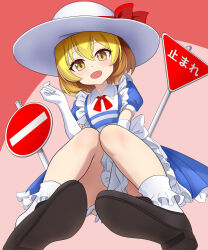  1girl black_footwear blonde_hair blue_dress bobby_socks collared_dress commentary_request dress elbow_gloves flat_chest frilled_dress frills from_below gloves hat hat_ribbon highres kana_anaberal kisaragi_koushi looking_at_viewer no_entry_sign puffy_short_sleeves puffy_sleeves red_ribbon ribbon road_sign shoe_soles short_sleeves sign sitting socks solo sun_hat touhou touhou_(pc-98) white_gloves white_hat white_socks yellow_eyes 