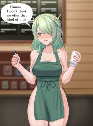  1girl absurdres apron azurecruiser blurry blurry_background blush branch breasts ceres_fauna commentary cowboy_shot english_commentary english_text green_hair highres holding holding_pen hololive hololive_english iced_latte_with_breast_milk_(meme) large_breasts meme mole mole_under_eye naked_apron pen shiny_skin speech_bubble standing starbucks twitter_username virtual_youtuber wavy_mouth wide_hips yellow_eyes 