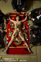  1girl 5boys asian barefoot breasts food highres looking_at_viewer multiple_boys nipples nude nyotaimori photo_(medium) pussy  rating:Explicit score:18 user:lovgirl