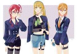  3girls absurdres arm_under_breasts black_shirt black_shorts blonde_hair blue_eyes blue_hairband blue_skirt border bow bowtie catchu!_(love_live!) chest_harness collared_shirt commentary_request crop_top garter_belt green_bow green_bowtie green_eyes grey_thighhighs hair_between_eyes hair_bun hairband hand_up harness heanna_sumire highres holding holding_microphone jacket jacket_on_shoulders jewelry long_hair long_sleeves looking_at_viewer love_live! love_live!_superstar!! medium_hair microphone midriff multiple_girls navel necklace necktie orange_necktie outside_border parted_lips puffy_long_sleeves puffy_sleeves purple_jacket red_hair shibuya_kanon shirt shorts single_side_bun siyo_l skirt standing thigh_strap thighhighs upper_body white_border white_shirt yoneme_mei 