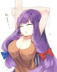 1girl ^_^ alternate_costume arms_up blue_bow blush bow breasts brown_tank_top cleavage closed_eyes collarbone commentary_request hair_between_eyes hair_bow large_breasts long_hair no_headwear open_mouth patchouli_knowledge purple_hair red_bow sidelocks simple_background solo stretching suminagashi tank_top tears touhou translation_request upper_body very_long_hair white_background rating:Sensitive score:20 user:danbooru