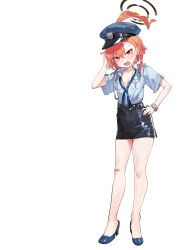  absurdres alternate_costume bandaid blue_archive blush halo high_heels highres neru_(blue_archive) open_clothes open_shirt police police_uniform policewoman red_eyes red_hair third-party_edit uniform watch wristwatch yanyo_(ogino_atsuki)  rating:General score:17 user:serenemisery