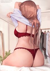  artist_request ass bed bra brown_hair character_name clothes_lift from_behind highres long_hair on_bed panties plant red_bra red_panties shirt_lift sitting underwear  rating:Questionable score:18 user:LordTechnoPrime