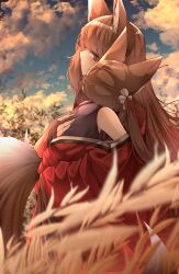  2girls absurdres amagi-chan_(azur_lane) amagi_(azur_lane) animal_ears azur_lane bare_shoulders blush brown_hair carrying carrying_person eyeshadow flower fox_ears fox_girl fox_tail full_body hair_flower hair_ornament hand_on_another&#039;s_back hand_up highres hug japanese_clothes kimono kitsune leaning_on_person long_hair looking_at_another makeup multiple_girls multiple_tails off_shoulder outdoors purple_eyes red_eyeshadow red_kimono samip slit_pupils smile sunset tail twintails very_long_hair white_flower 