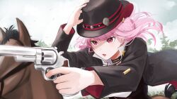  1girl absurdres aiming bako_tsu black_choker black_coat black_hat blunt_bangs bodice choker coat commentary cowboy_hat gun hand_on_headwear handgun hat highres holding holding_gun holding_weapon hololive hololive_english horseback_riding long_sleeves mori_calliope mori_calliope_(sheriff) pale_skin pink_eyes pink_hair red_coat revolver riding shirt solo straight_hair symbol-only_commentary two-sided_coat two-sided_fabric underbust virtual_youtuber weapon white_shirt 