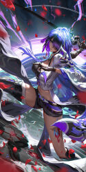  &gt;:( 1girl acheron_(honkai:_star_rail) armor belt black_belt black_gloves black_shorts breasts commentary_request gloves hair_over_one_eye highres holding holding_sword holding_weapon honkai:_star_rail honkai_(series) katana large_breasts leg_tattoo liang_xing long_hair looking_at_viewer midriff navel purple_eyes purple_hair short_shorts shorts shoulder_armor solo stomach sword tattoo thighs v-shaped_eyebrows very_long_hair weapon 