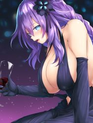  10s 1girl alcohol black_dress blue_eyes braid breasts champagne_flute cleavage collarbone covered_erect_nipples cup dress drink drinking_glass elbow_gloves flower gloves hair_flower hair_ornament highres kami_jigen_game_neptune_v large_breasts long_hair looking_at_viewer looking_to_the_side neptune_(neptunia) neptune_(series) nipples oekakizuki open_mouth power_symbol-shaped_pupils purple_hair purple_heart_(neptunia) purple_heart_(goddesses&#039;_promise) shiny_skin solo symbol-shaped_pupils twin_braids very_long_hair wine wine_glass  rating:Sensitive score:76 user:danbooru