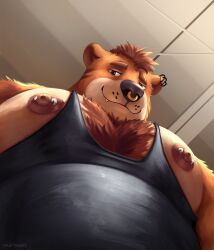 1boy absurdres animal_ears artist_self-insert bara barbell_piercing bear_boy bear_ears belly black_tank_top brown_fur chest_tuft earrings fang fang_out fat fat_man foreshortening from_below furry furry_male highres jewelry large_pectorals looking_at_viewer looking_down male_focus meme muscular muscular_male nastybearz nipple_slip nipples nose_piercing nose_ring obese original pectoral_cleavage pectoral_focus pectorals photo-referenced piercing short_hair sidepec smirk solo tank_top thick_eyebrows upper_body yur_oc_like_this_(meme)